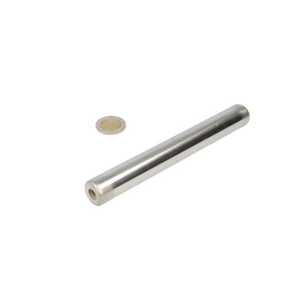 Silver filter magnet 20x160mm stainless steel with m8x12mm internal thread and matching round disc nearby