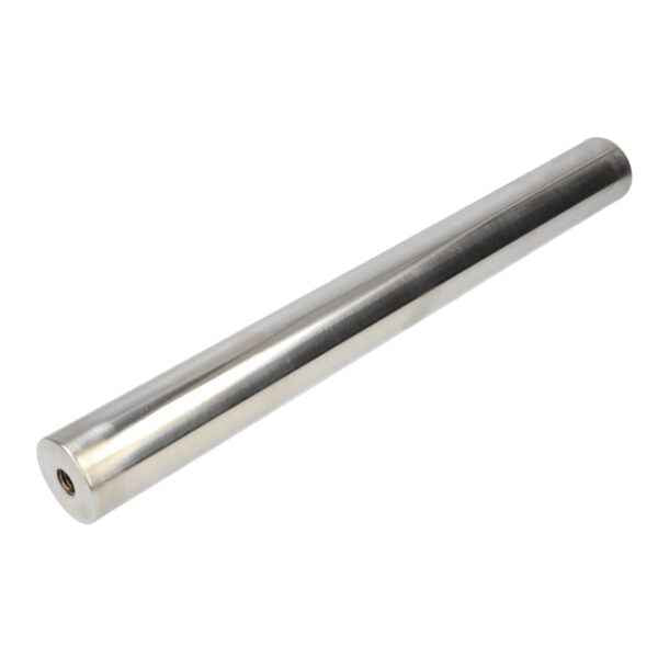 A filter magnet 32x430mm stainless steel with a cylindrical polished finish and internal thread 2x m10x15mm visible