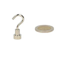 Silver hook magnet with curved design and cylindrical base in steel housing with powerful neodymium n40 magnet
