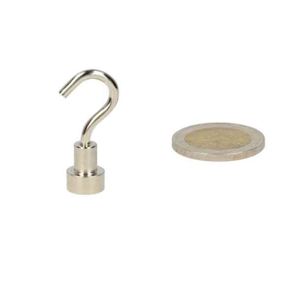 Silver hook magnet with curved design and cylindrical base in steel housing with powerful neodymium n40 magnet