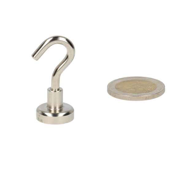 Silver-coloured powerful neodymium n40 magnet hook with polished metal finish and steel housing circular base