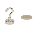 Silver-coloured powerful neodymium magnet with shaft housing and handy magnet hook with round base