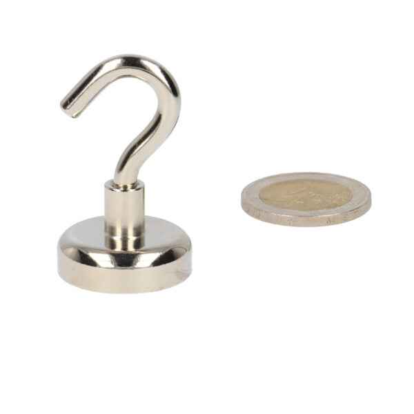 Silver hook magnet with powerful neodymium n40 magnet and steel housing with round base