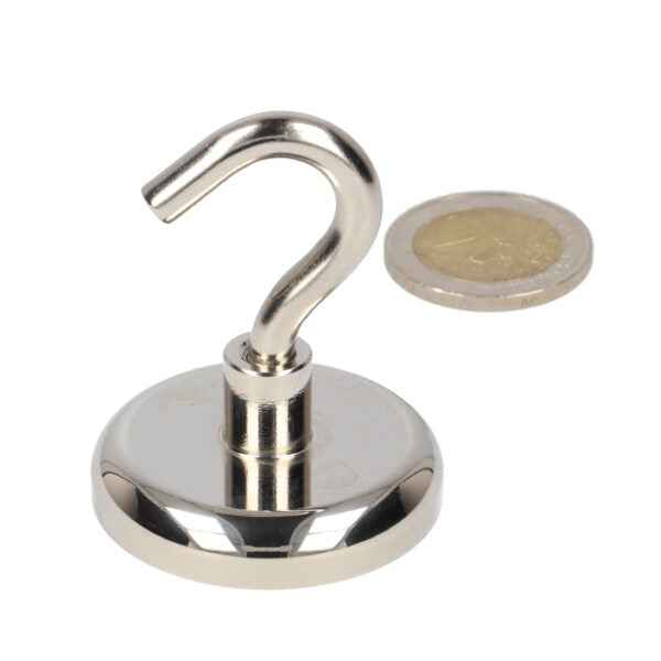 Shiny chrome-finished hook magnet 40 x 18 x 10 mm with neodymium n40 magnet and steel housing for various applications