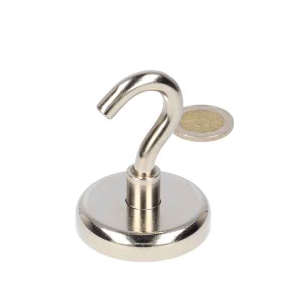 Silver hook magnet with sturdy steel housing and powerful neodymium n40 magnet in polished finish