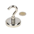Shiny silver hook magnet with curved handle and circular base in steel housing with neodymium n40 magnet