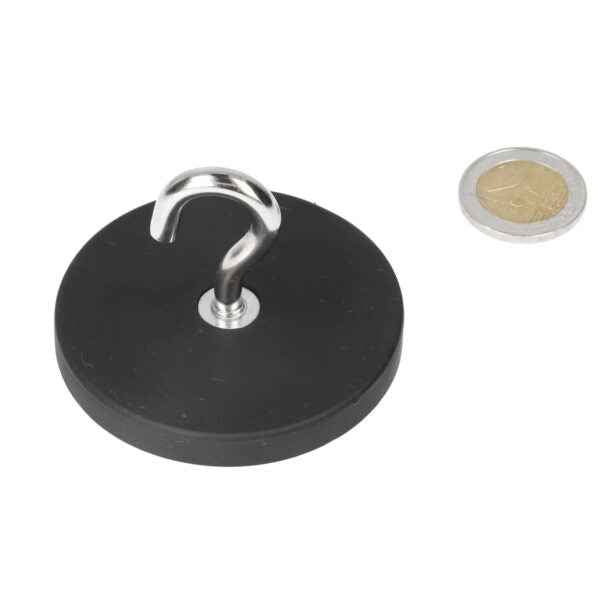 Black hook 66 mm magnet with rubber coating and powerful neodymium magnet with silver hook