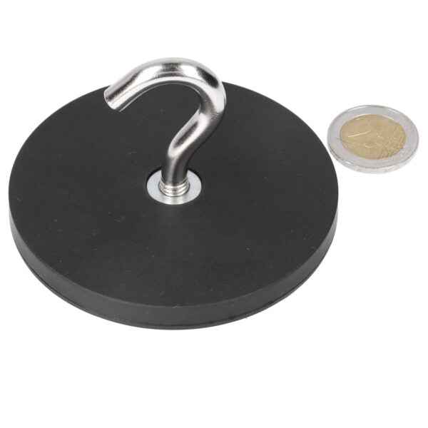 Black round hook magnet 88 mm with neodymium and protective rubber housing for versatile solution
