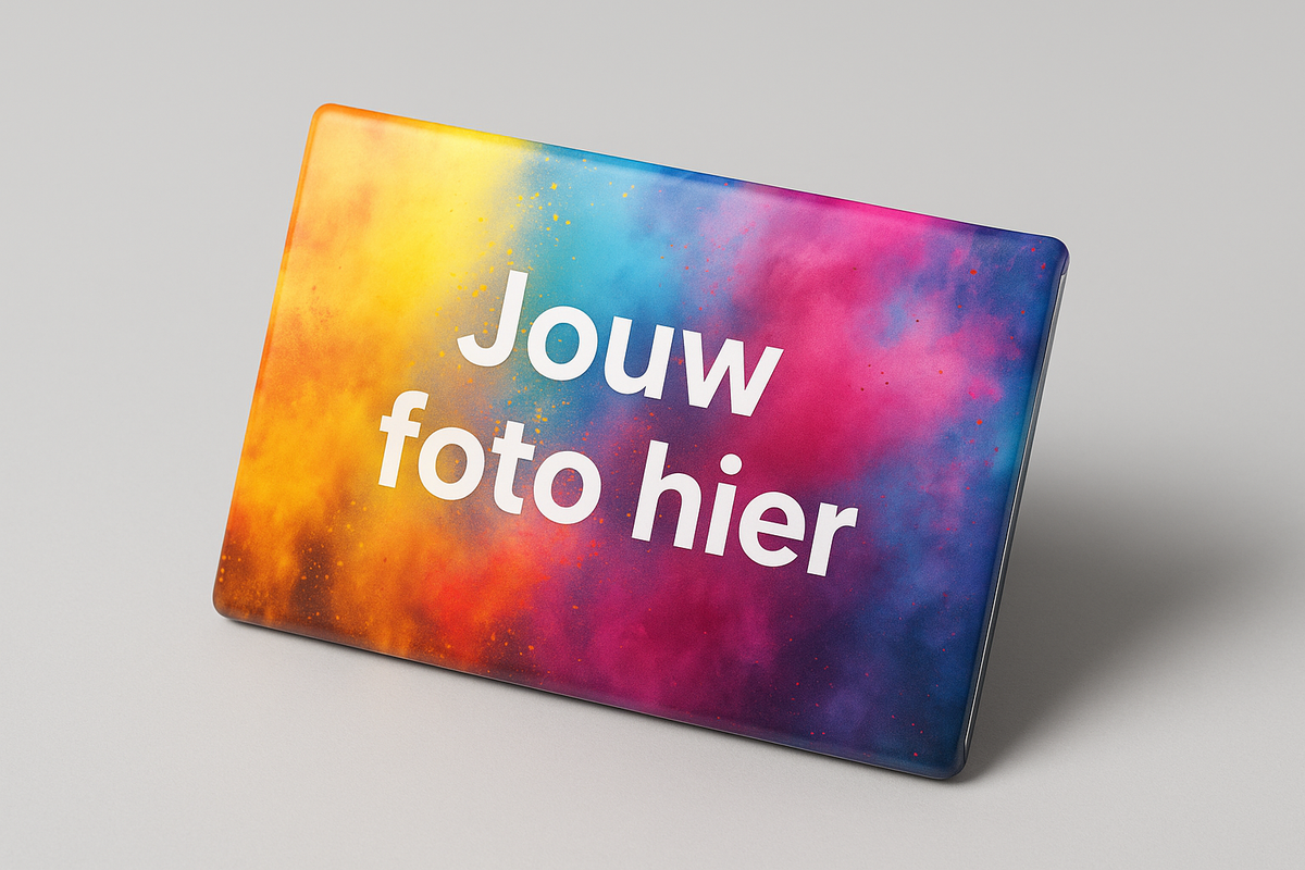 Magnet with a coloured photo with the text "Your photo here" and a grey background behind this magnet