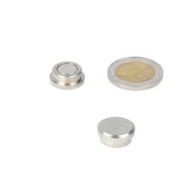 Silver memo magnet 16mm with metallic finish and slightly raised edges ideal for magnetic surfaces of high quality materials