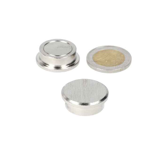 Two silver-coloured memo magnets 25 mm magnets with brushed and polished finishes next to a euro coin ideal for use