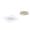 Silver round sewing magnet with PVC of 18 x 2 mm next to a euro coin of comparable size