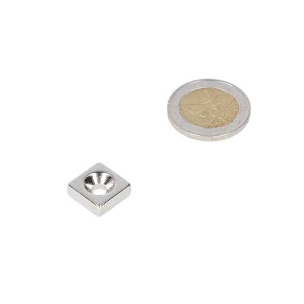 Countersunk neodymium block magnet 20 x 20 x 4 mm N45, north pole, nickel-plated