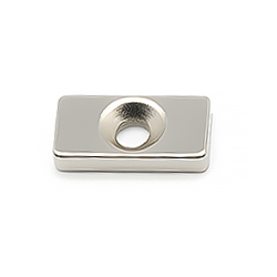 Countersunk Neodymium Block Magnet 20 x 10 x 3-4 mm, top view with countersunk hole