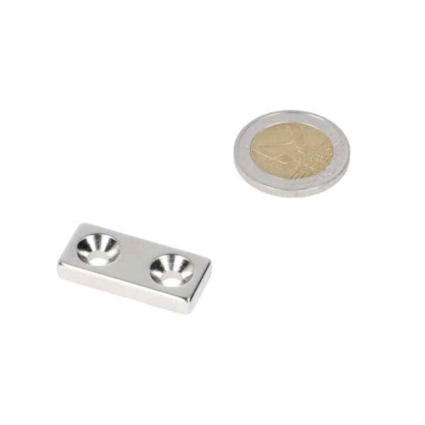 Countersunk neodymium block magnet 60 x 20 x 5 mm N45, 2 holes, north pole, nickel-plated