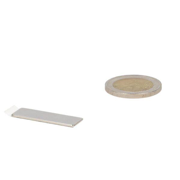 Silver neodymium block magnet 30x10x1 mm with self-adhesive strip for various applications