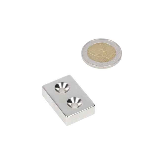 Countersunk neodymium block magnet 40 x 40 x 4 mm N45, 2 holes, north pole, nickel-plated