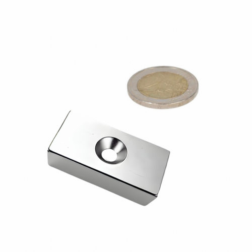 Countersunk neodymium block magnet 30 x 12 x 4 mm N45, south pole, nickel-plated