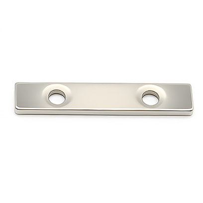 Countersunk Neodymium Block Magnet 50 x 10 x 3-5 mm, angled view with two countersunk holes