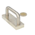 Silver neodymium block magnet 85x30x12 mm with stainless steel handle suitable for industrial use