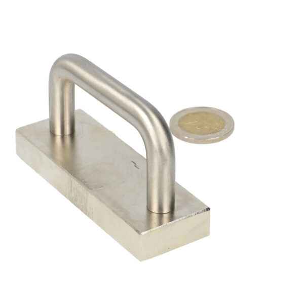Silver neodymium block magnet 85x30x12 mm with stainless steel handle suitable for industrial use