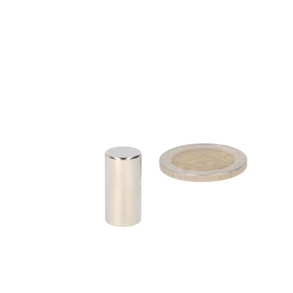 Silver-coloured neodymium rod magnet 10x20 mm n48 next to coin for case of powerful magnets for multi-purpose use