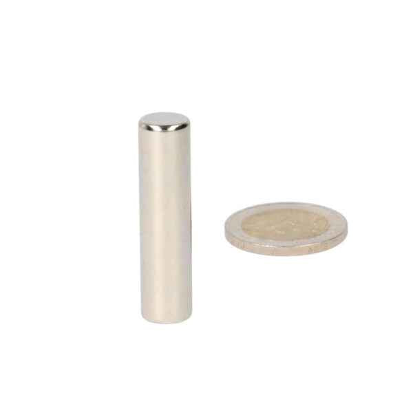 Silver neodymium rod magnet n52 10×50 mm diameter magnetised next to a coin for shell