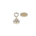 Silver-toned circular neodymium n40 magnet with loop handle in steel housing for holding keys or papers