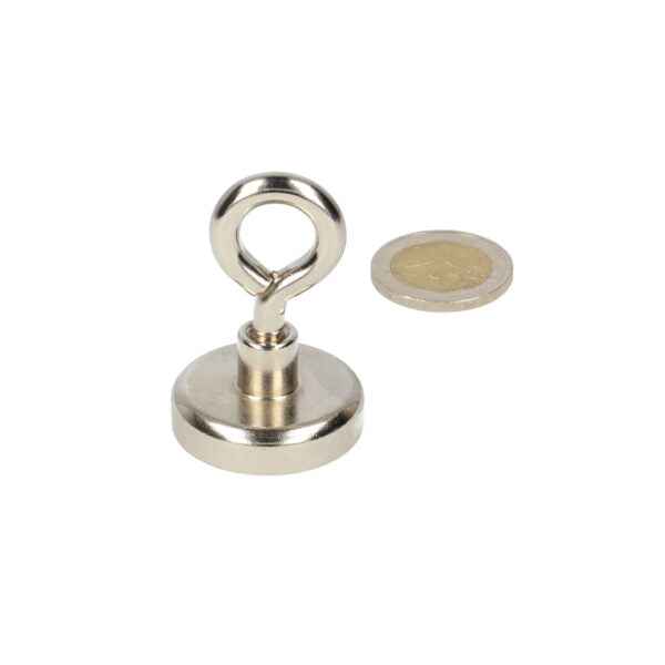 Silver eyebolt magnet 32 x 16 x 9 mm with powerful neodymium n40 magnet in steel housing
