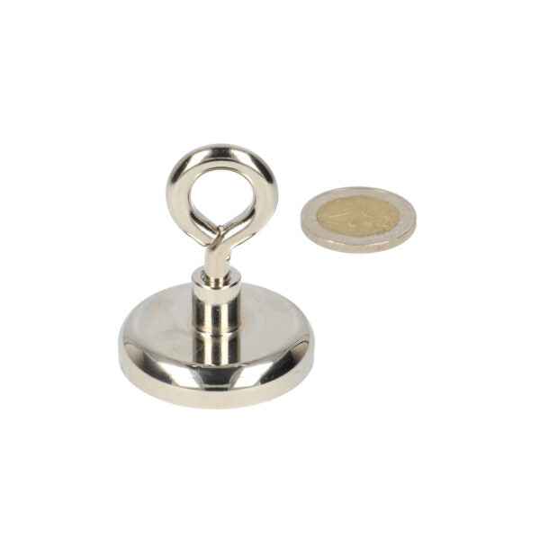 Shiny silver eyebolt magnet with powerful neodymium n40 magnet and steel housing with looped handle