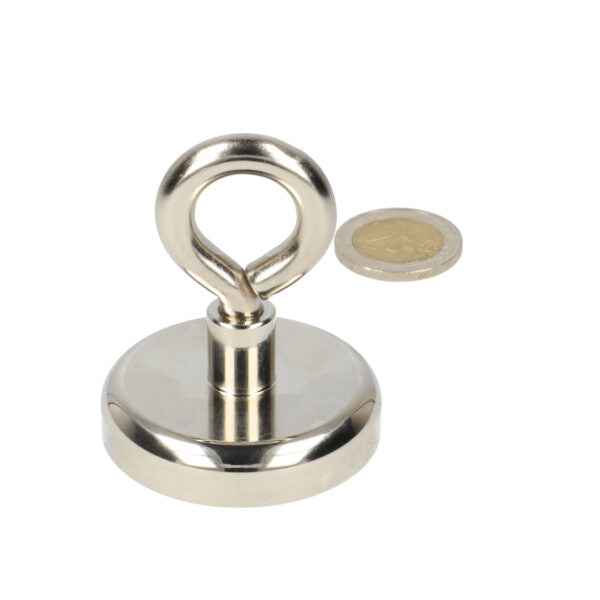 Silver neodymium n40 magnet with loop and steel housing for industrial applications