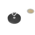 Black circular eyebolt magnet with rubber coating and silver metal loop, powerful neodymium n40 magnet