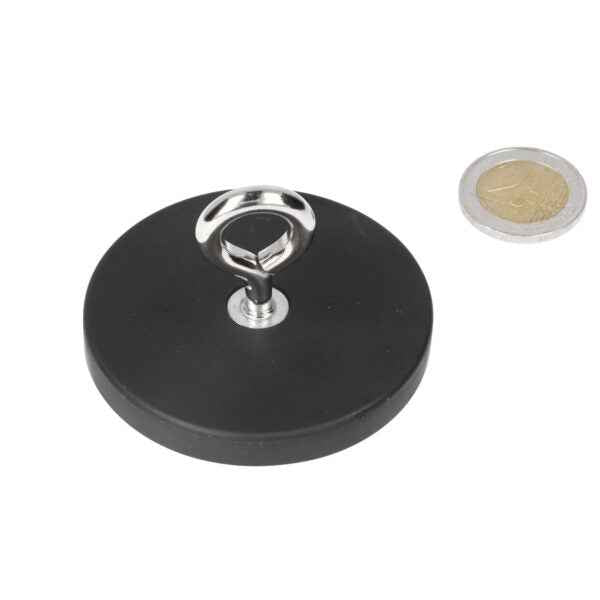 Black round neodymium n40 magnet with rubber coating and silver metal ring for extra grip and protection