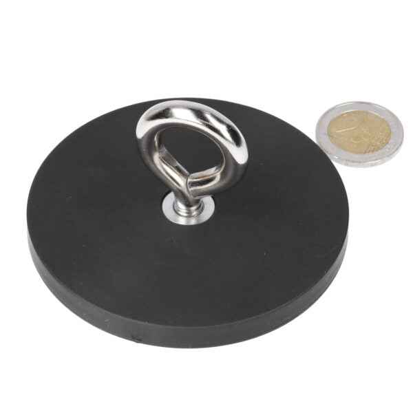 Eyebolt magnet with rubber coating black with neodymium n40 magnet and silver metal ring in the centre