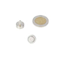 Silver-coloured powerful magnetic pot magnet 13 x 5 mm with threaded stud m3 next to a euro coin for shell