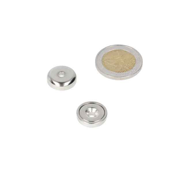 Two silver pot magnets 16 x 5 mm with drill- countersunk hole and strong magnetic grip