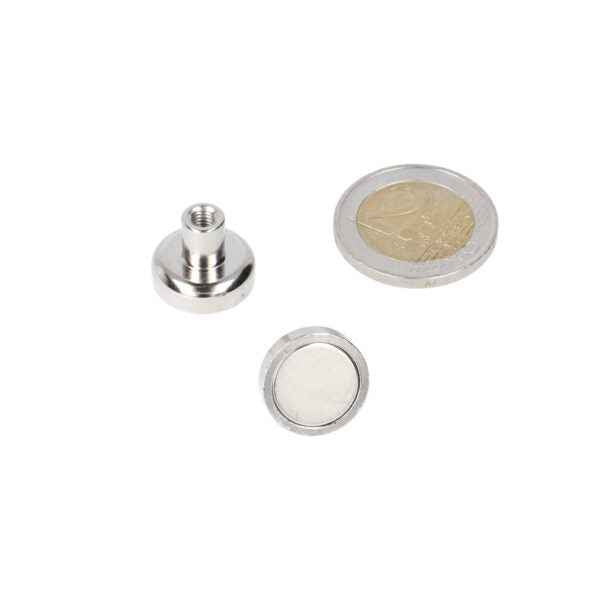 Silver metal pot magnet 16 x 5 mm with threaded bush m4 and strong magnetic grip for mounting applications