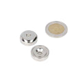 Two silver neodymium pot magnets with drill countersunk hole and different sizes of 20 x 6 mm