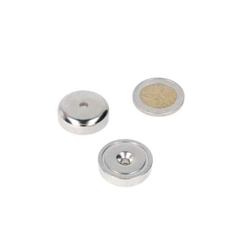 Three silver-coloured neodymium pot magnets 25 x 8 x 4.2 mm with borehole providing strong magnetic force