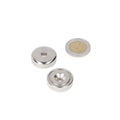 Pot magnet 25 x 8 x 5.5 mm silver neodymium disc with powerful magnetic properties and drill countersunk hole