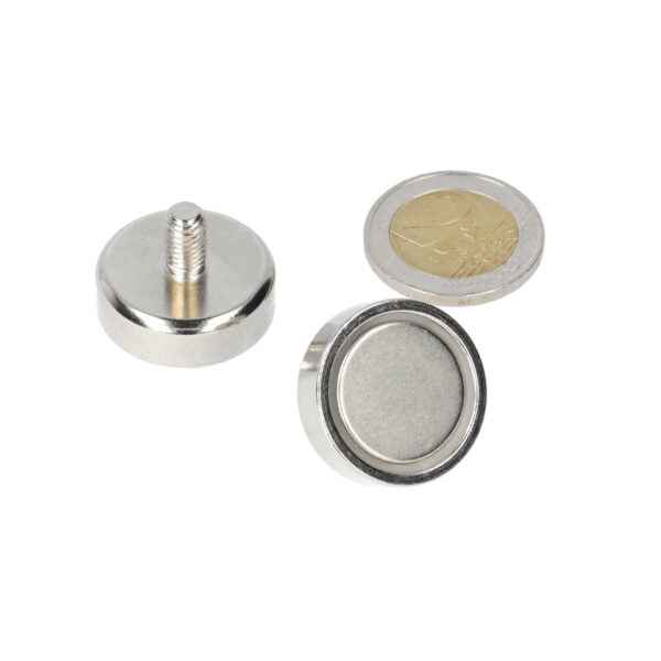 Silver pot magnet 25 x 8 mm with threaded stud m6 provides strong anchorage various applications besides euro coin for shell