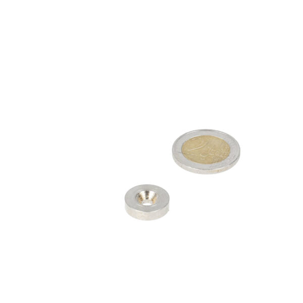 Ring 16 x 4.1 x 8.1 x 4 mm steel -let drill- countersunk hole with silver disc-shaped screw magnets next to euro coin for scale