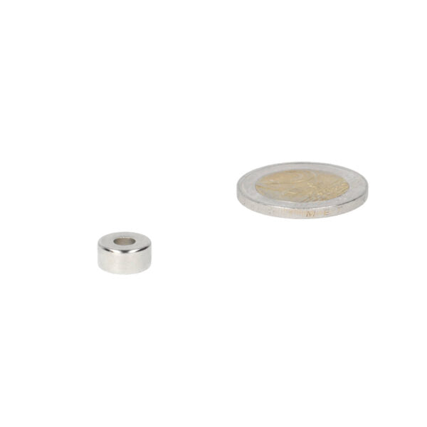 Ring magnet 10 x 4 x 5 mm silver neodymium with central hole and euro coin for shell