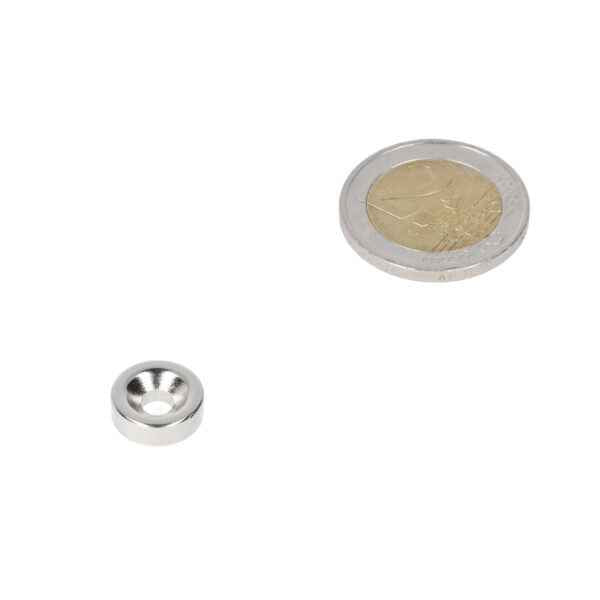 Countersunk neodymium ring magnet 15 x 8.1 x 4.1 x 2 mm N48, south pole, nickel-plated