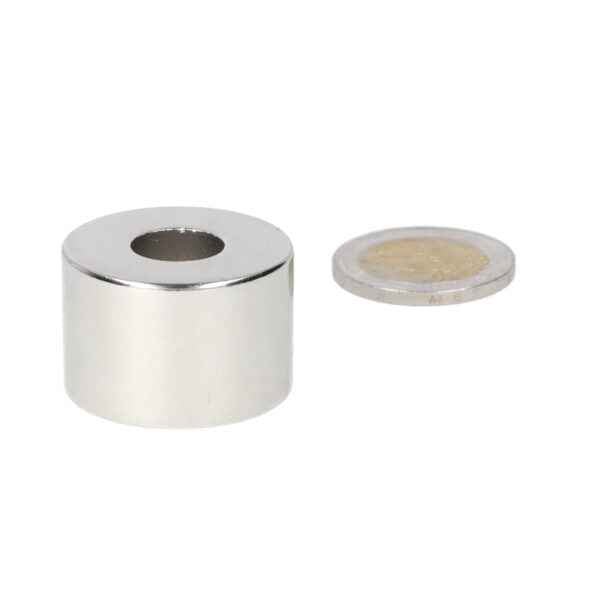 Silver ring magnet 30 x 12 x 20 mm with central aperture and polished metal finish as a reliable versatile magnet