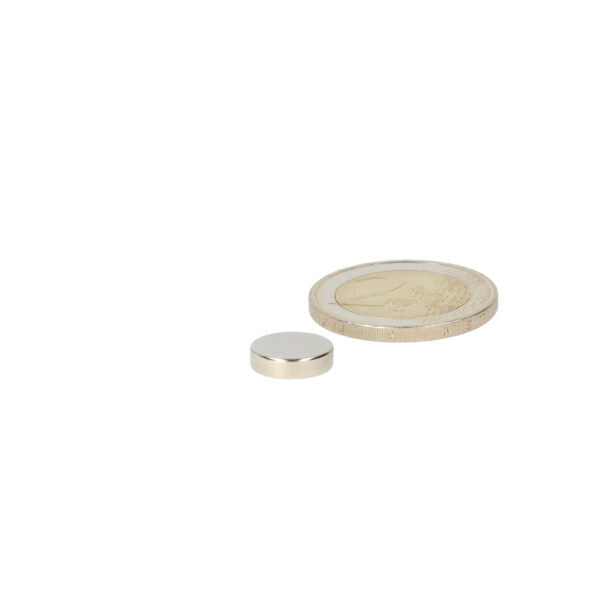 Small circular disc magnet 11 x 3 mm of shiny silver metal for various situations and applications