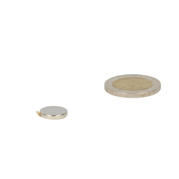 Silver disc magnet 12x2 mm self-adhesive powerful neodymium magnet next to euro coin for size comparison