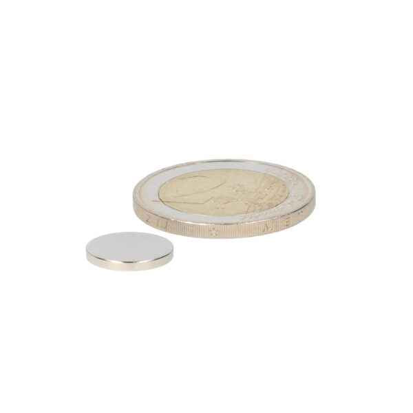 Silver disc magnet 12 x 1.5 mm neodymium in addition to euro coins, suitable for industrial applications with excellent performance
