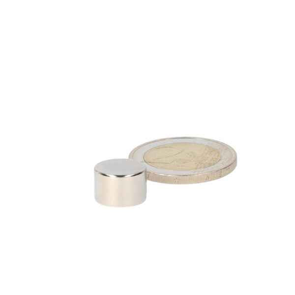 Silver cylindrical disc magnet 12 x 8 mm with powerful neodymium magnet and glossy metal finish