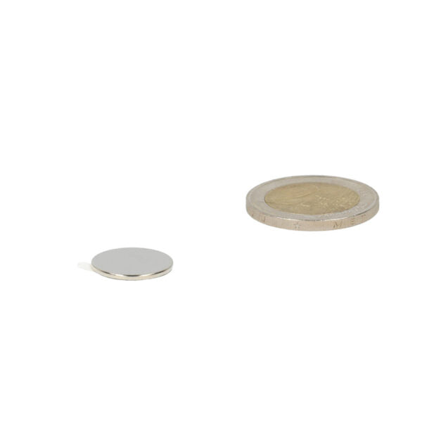 Silver disc magnet 15 x 1.0 mm with a powerful neodymium composition next to a euro coin for shell